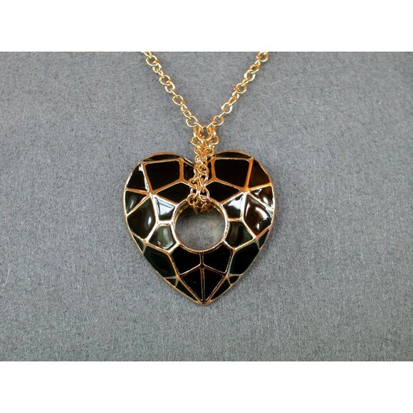 Black & Gold heart pendant gold spider web on black heart long 36" chain - Picture 1 of 4